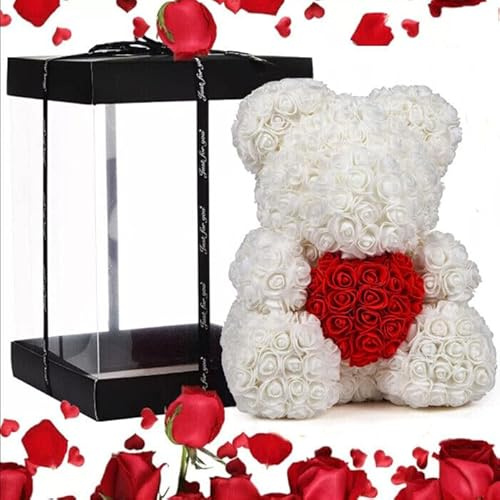 Orso di Rose con cuore rosso 25cm, fatto con Rose, con confezione regalo per San Valentino, orsetto per fidanzata, Amica, orsacchiotto, teddy bear in Italia (Bianco Cuore Rosso, 25cm)