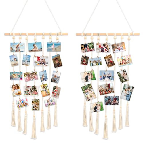 Nicrulp 2er Set Bilderrahmen Collage, Fotowand Mehrere Bilder, Fotorahmen Fotovorhang, Fotohalter Bilderwand, Fotocollage Fotoleine Wandbehang, Foto Hängendes Makramee Mit 30 Holzklammern, 7 Hanfseil