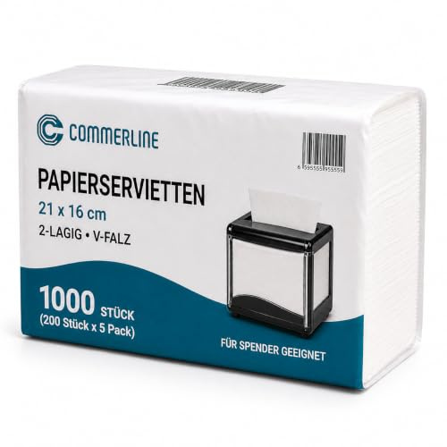 Commerline Papierservietten – 200 Stück, 21x16 cm, 2-lagig, Weiche & Saugfähige Einweg-Servietten mit V-Falz, Ideal für Serviettenspender, Diner, Gastronomie & Haushalt, Reinweiß