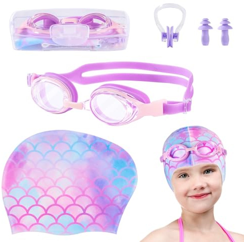 Girls Unicorn Swim Cap and Goggles Set Toddler Waterproof Bathing Pool Swimming Caps Comfortable Kids Mermaid Unicorn Swimming Hats for Long and Short Hair (Mermaid Set)