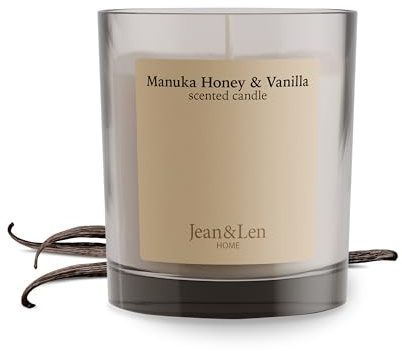 Jean & Len Doftljus Manuka Honey & Vanilla, tillverkat med sheasmör, brinntid ca 40 timmar, minimalistisk design, sensuell doft, vegansk, 195 g