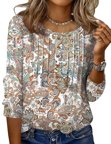 Zeagoo Summer Tops for Women Blouses Casual Round Neck Loose Fit 3/4 Length Sleeve T-Shirt For Summer Fashion Cute Blouse Womens Tees