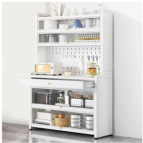 Weißer Küchenschrank mit Mikrowellenständer, freistehender Stall auf Rädern, 172,7 cm hoch, Aufbewahrungsnizer mit Schublade für Küche und Esszimmer