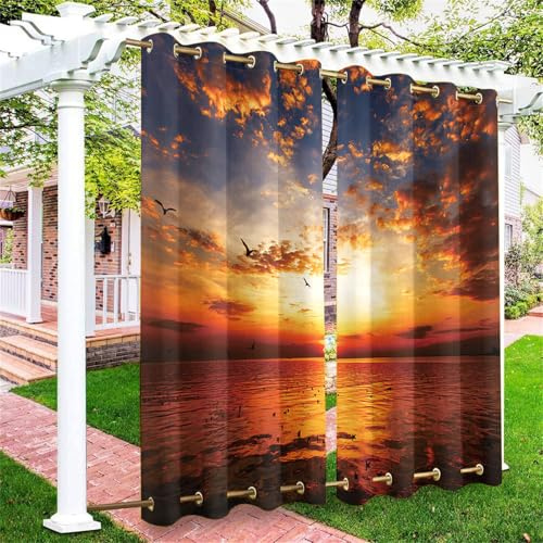 Hiseng Outdoor Vorhänge Wetterfest mit Ösen Oben und Unten,3D Meerblick Muster wasserdichte Outdoorvorhänge 2 Set Verdunkelungsvorhang Sichtschutz Sonnenschutz Vorhang (Sonnenuntergang,137x304cm)