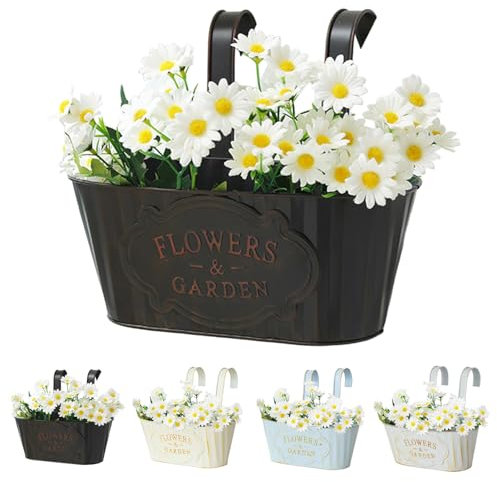 Metal Hanging Flower Pot, Large Hanging Plant Fence Pots with Detachable Hook, Bucket Planter Basket Window Flowers Holder for Indoor Outdoor Fence Balcony Railing Garden Decor (1, Black)