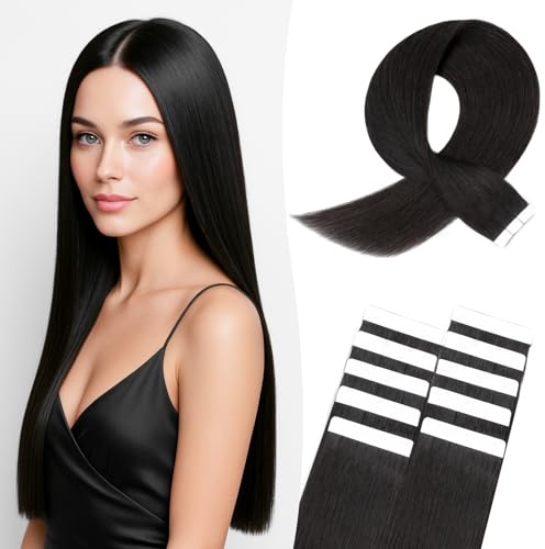 MY-LADY Tape Extensions Echthaar 10pcs 45 cm Natürliches Schwarz Remy Invisible Haar Tape In Haarverlängerung Natürlich 15g 18 Zoll #1B Glattes Echthaar Skin Weft Tape