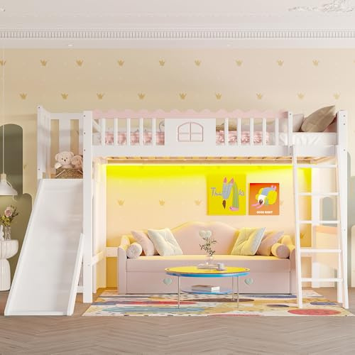 Kebnor Hochbett, Einzelbett, Kinderbett, mit LED-Leuchten, mit Regalen, mit Rutsche, EN747 Zertifiziert, Kiefernholz, 90x200cm, Weiß (Ohne Matratze) (Weiß)