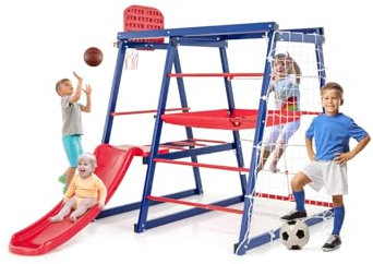 FANTASK 7 in 1 Klettergerüst Outdoor für 3-4 Kinder, Spielplatz mit Rutsche, Kletterleiter, Strickleiter, Fußballnetz, Basketballkorb, Stoffplattform & Kunststoffplattform, 150 x 142 x146cm