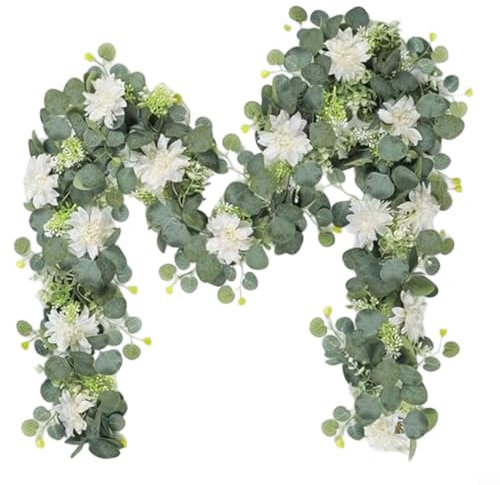 Zeroupshop Künstliche weiße Dahlie-Girlande, 6 x 3,6 m, realistische Seidenblumenranke mit Eukalyptusblättern für Hochzeitsdekoration, Heim-Party-Dekorationen