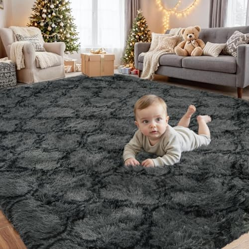 Falflor Rugs Living Room 120 x 160 Fluffy Grey Washable Rugs for Bedroom Thick Shaggy Soft Carpet Non Slip Medium Carpet Geometric Modern for Kitchen Office Dinning Room Decor