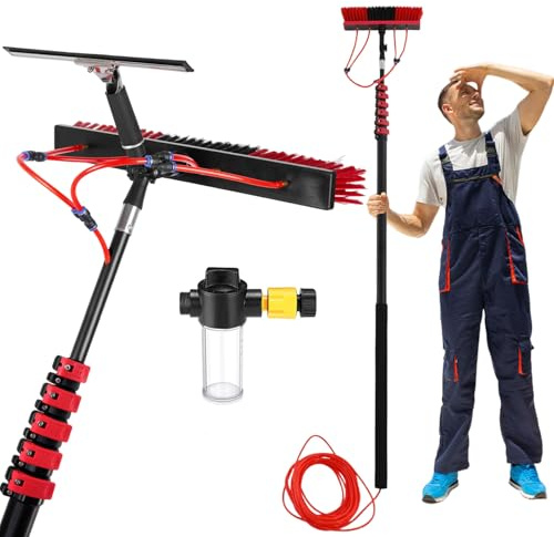 Kit de poteaux d'alimentation en eau de 9,2 m avec brosse de nettoyage pour panneau solaire, distributeur de savon et raclette – Nettoyeur télescopique pour fenêtres et toits, brosse de 55 cm pour un