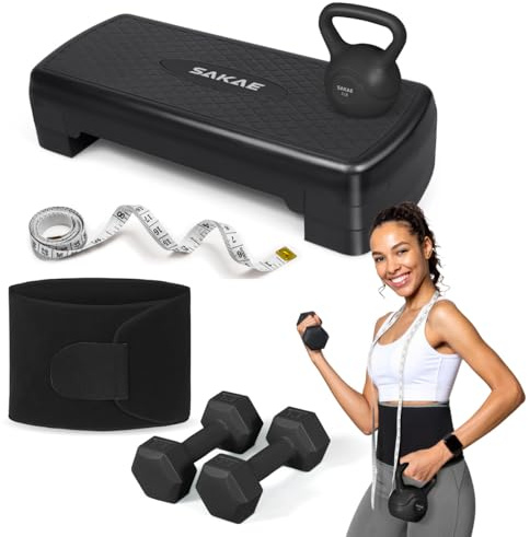 Adjustable Exercise Stepper Kit with Dumbbells & Kettlebell & Weightlifting Belt & Measuring Tape, 2 Level Risers Aerobics Step Platform for Home Gym Exercise Fitness Workout, Black