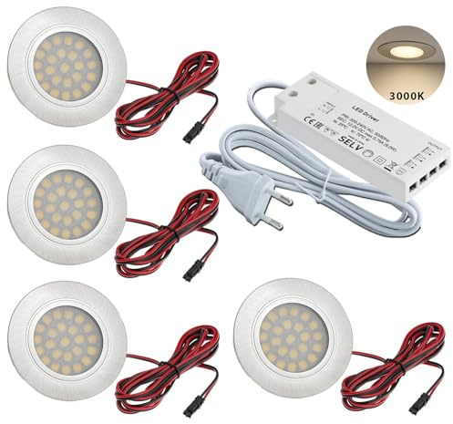 JungesLicht- 4x LED Möbel Einbaustrahler – für 55-60mm Bohrungen, ultra flach (10mm), 2Watt 12V 200Lumen, Warmweiß 3000K – Inkl. Trafo & Anschlusskabel – Einfache Steck-Montage, Möbelleuchte