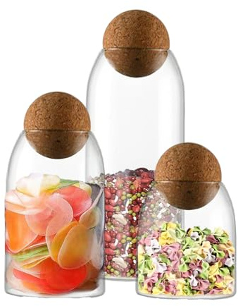 Frascos de especias de vidrio transparente - Conjunto de 3 contenedores de conservación con múltiples púpulos | Frascos para café, té, azúcar, sal, dulces y almacenamiento de varios productos alimenti