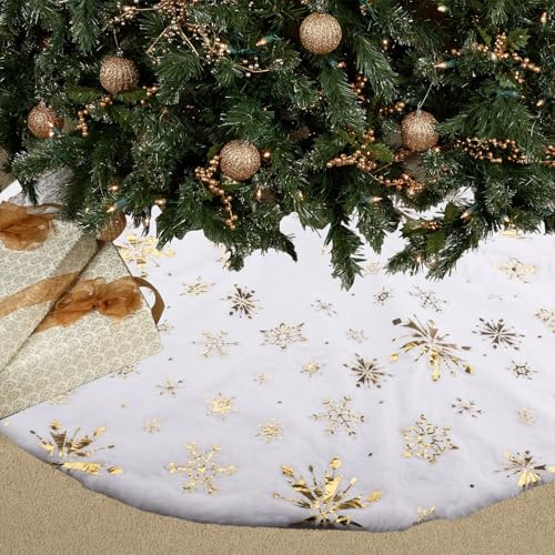 ZoZoMaiy Gonna Albero di Natale Bianco 122cm Tappeto per Albero di Natale in Morbido Tessuto Grande Tappeto albero di natale con Oro Fiocchi di Neve per Decorazione di Festa di Natalas