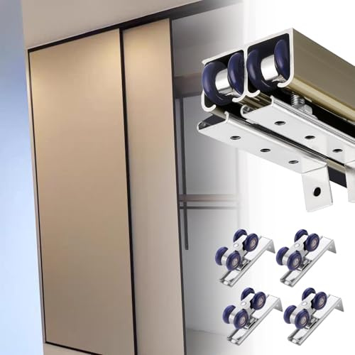 Komplettes Schiebetürset mit Schienen und Hardware verstellbare 2 Gleitschienen mit 4 Türen für Raumteiler, Garderobe, Champagner-Finish, 320 cm Länge