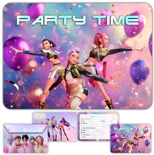 Glowiibo - Tarjeta de invitación para cumpleaños (12 unidades), diseño de Demon Hunter Kpop Dance con sobres a juego, para niños y niñas, invitaciones precargadas en inglés para fiesta de cumpleaños o
