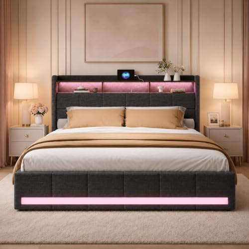 WOBOPCG Sängklädsel, dubbelsäng, 180 x 200, förvaringssäng med ribbotten, 4 lådor, säng med ribbotten med laddning, USB och ljus, förvaringssängar, sängram (grå, 180 x 200)