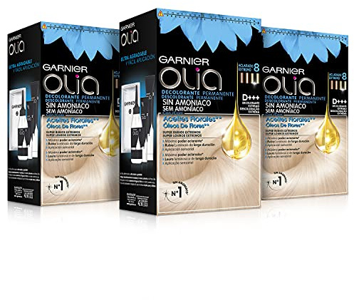 Garnier Olia, pack 3 Decolorante Permanente sin Amoniaco con Aceites Florales de Origen Natural, Decolorante D+++, Aclarado 8 Tonos, El embalaje puede variar
