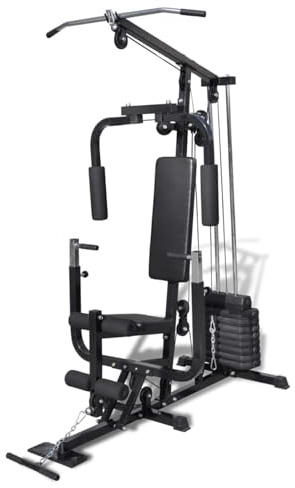 Gecheer Multifunktionale Hantelbank, Kraftstation Home Gym Stahl 150 x 99 x 204 cm Curl und Butterfly Station inklusive 8 Hantelscheiben und 1 Oberplatte für Heim-Gym und Fitnessstudio