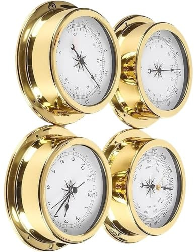 Station météo marine 4 pièces, boîtier en laiton, baromètre, thermomètre, hygromètre et horloge à cadran analogique, fixation murale 14,5 cm, décoration nautique pour bateau, yacht, cabine, intérieu