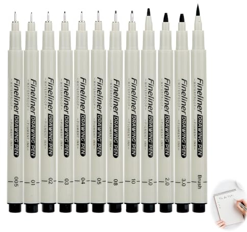 12PCS Fineliner, Feutre Noir Dessin Feutre Fin avec 12 Largeurs de Ligne Différentes Pinceau Lisses Noir Encre Permanente Résistante à l’eau Fineliner Résistant à L'eau pour l'illustration Les Croquis