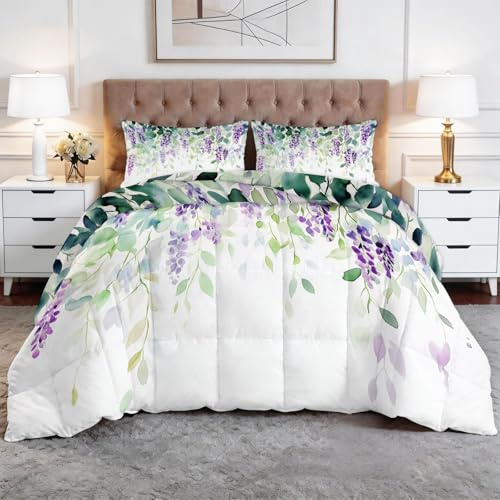 XCQHZYQ Edredon Nordico Cama 90 Romántico Glicinia Acuarela, Colcha Infantil Relleno Nordico 150x200 cm de Microfibra, Edredón 4 Estaciones Reversible Blanco, con 2 Fundas de Almohada