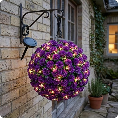 BrightBloom Solar Topiary Ball Lights 28cm with 20 LED – Hanging Artificial Topiaries Sphere Lights Outdoor, Waterproof Decorative Garden Lights for Wedding, Balcony, Patio & Backyard Decor (Purple)