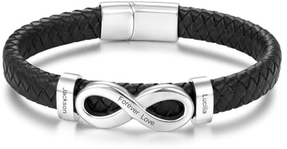 Wamantic Bracelet Cuir Personnalisé Homme - Bracelet Infinity Gravé avec Noms/Texte Noir Cadeau pour Père/Époux/Partenaire pour Fête des Pères Anniversaire Noël