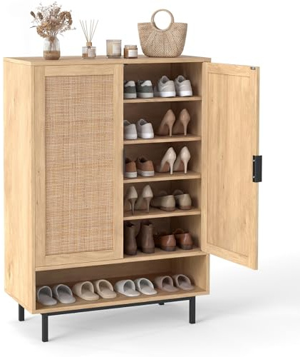 COSTWAY Shoe Cabinet with 2 Rattan Doors, 6-Tier Shoe Cupboard (Natural) | Adjustable Shelves, Compartment, Freestanding Wooden Footwear Rack Shoes Storage Organiser, for Hallway Entryway, 75x35x108cm