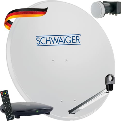 SCHWAIGER Satellitenschüssel Komplettset I Ø 80 cm Stahl Offset Antenne in Hellgrau I Inkl. Quad LNB 4-Fach & HD SAT-Receiver mit Fernbedienung I Digital HD Empfang I Integrierte Kabelführung