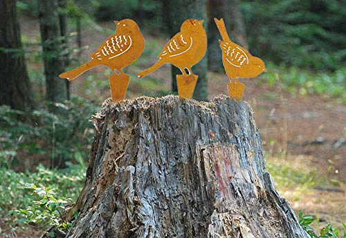 LB H&F 3 x Vogel zum Stecken Set Gartendeko Gartenstecker Vogelfamilie 3-teilig Edelrost Baumstamm Rost Deko Design - DK