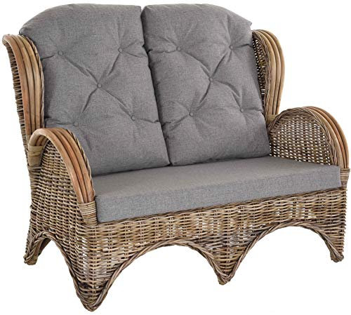 Korb-Outlet Rattan-Sofa 2-Sitzer Korbsofa Sofa wie Ohrensessel Hochlehn-Sofa Wintergarten Couch Rattanmöbel Grau Natur