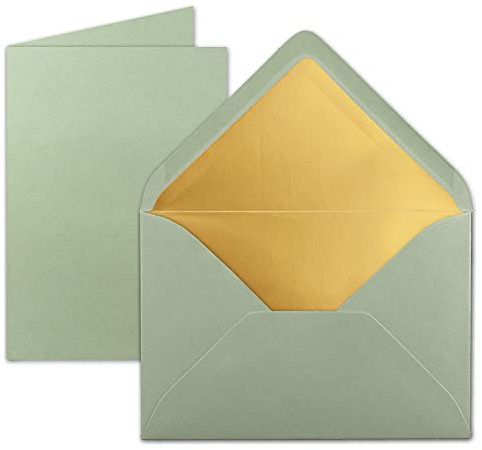 FarbenFroh by GUSTAV NEUSER 10 Sets - Faltkarten DIN A5 - Eukalyptus (Grün) mit Umschläge DIN C5 mit Gold Metallic Futter - 14,8 x 21 cm
