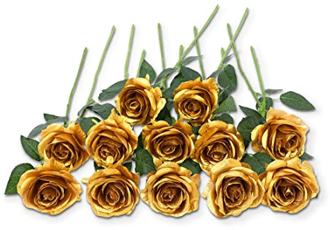 Laelfe 12 Pcs Gold Roses Artificial Flowers, 53 cm Long Stem | Realistic Faux Silk Flowers, Fake Rose for Christmas Wedding Bridal Bouquet Party Table Centerpiece Home Office Decors