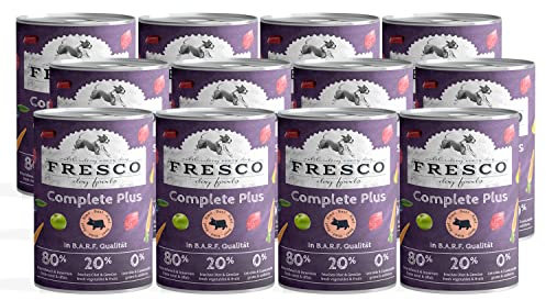 FRESCO Dog Nassbarf Complete Plus Rind 12x400g | getreidefreies Nassfutter für Hunde in Barf Qualität | aus 100% frischem Fleisch, Innereien, Obst und Gemüse | ohne künstliche Zusätze