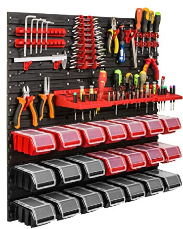 Lagersystem Werkstattregal | 78 x 78 cm | 21 stck. Box | Wandregal mit Werkzeughalterungen und Stapelboxen - Wandplatten Extra Starke Schüttenregal Warkzeuglochwand Lagerregal Garage Regal (1)