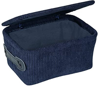 Wenko Cesta da bagno Anela con coperchio in design a corda con maniglia in pelle artificiale per riporre e mettere in ordine strumenti e accessori da bagno, 100% poliestere, 19 x 10 x 14 cm, blu scuro