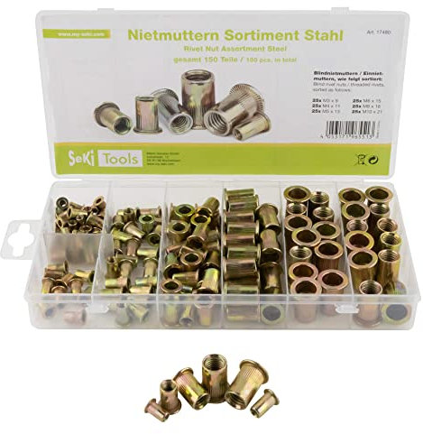 SeKi Nietmuttern-Sortiment Blindnietmuttern Satz, 150 teilig, verzinkter Stahl; M3 M4 M5 M6 M8 M10 in praktischer, wiederverwendbarer Universalbox