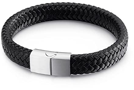 KnSam Geschenke Für Männer - Lederarmband Jungs, PU Leder Bettelarmband Weihnachten Gewebt Herren Lederarmband Gravur Edelstahl Armschmuck Silber mit Magnet Verschluss, Länge 22CM