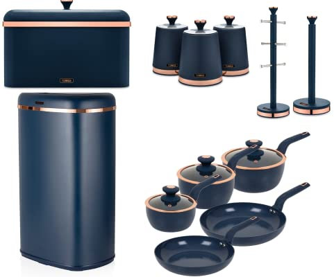 Tower Cavaletto Midnight Blue & Rose Gold Kitchen Accessories set of 12-58L Sensor Bin, Bread Bin, 3 Canisters, Mug Tree, Towel Pole & 5 Piece Cookware Set. Contemporary Matching Set