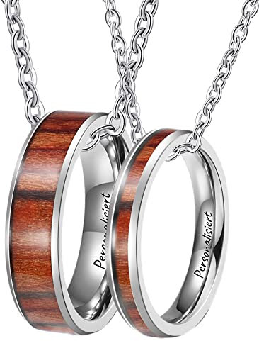 Epinki Edelstahl Partner Ketten mit Ring Anhänger, Holz Pärchen Kette Ring, Silber für Damen & Herren, Breite 4/6MM - Herrenkette 60cm, Damenkette 50cm