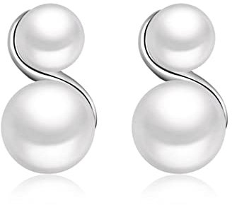 Ohrringe Silber Perlen, Ohrstecker Damen Doppelte Perle Kupfer Ohrringe Hochzeit Vintage 15X8MM