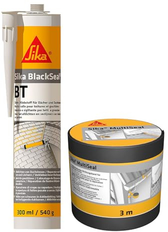 Sika - Dichtungsband + butylbasierender Dichtstof MultiSeal, selbstklebendes Dichtungsband, 3m x100mm, grau BlackSeal BT, Dicht-/Klebstoff für Dächer und Dachrinnen, 300 ml, schwarz