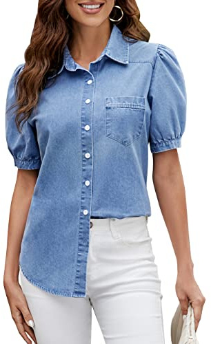 BMJL Womens Denim Shirt Business Casual Button Down Work Blouses Puff Sleeve Summer Tops Sky Blue
