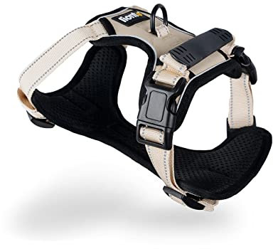 lionto Hundegeschirr gepolstert aus weichem Nylon, Größe M, reflektierendes Anti Zug Geschirr für Hunde mit 2 Ringen & 4 Einstellgurten, Zwei Klickverschlüsse & gummierter Griff am Rücken, beige