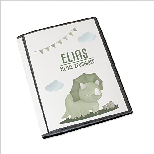 HeLLo mini Personalisierte Zeugnismappe Kinder - Zeugnisordner mit 20 Klarsichthüllen DIN A4 - Personalisiertes Geschenk zur Einschulung - Mädchen & Jungen - hellomini (Grüner Dino)