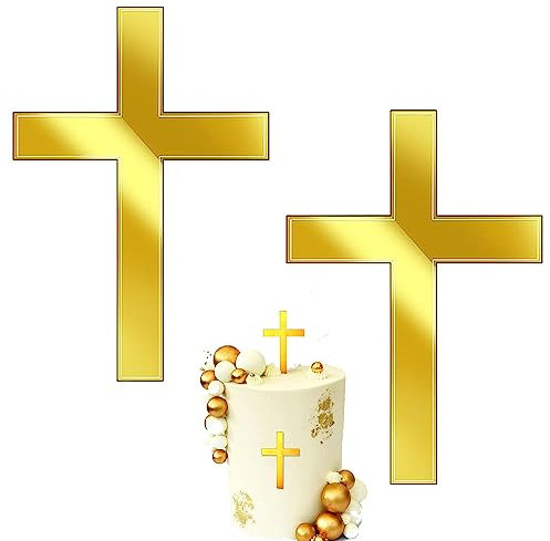 LWAIX Croix Baptême Or Acrylique Topper 10x7cm - 2 pcs pour Mariage, Fête d'Anniversaire, Communion