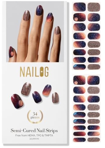 NAILOG Halvhärdade gel nagelremsor 34 st gel nagelklistermärken – mjölkvigt sätt | 34 remsor i 17 storlekar, gelnaglar av salongskvalitet, glansiga, långvariga, HEMA-fria, veganska, enkla och säkra