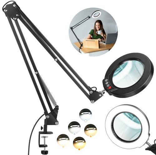 12X Large Magnifying Glass with Light and Clamp, Real Glass, 5 Color Modes, Stepless Dimmable, 2 x 16 Inch Adjustable Swing Arm Stand Desk Lamp, LED Lighted Magnifier Hands Free for Close Work, Hobby